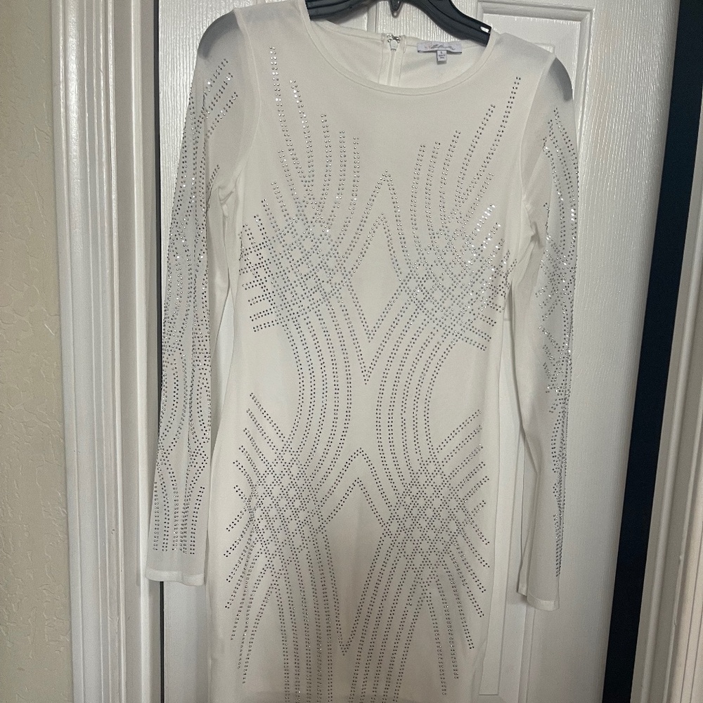 Blashe Designer White BodyCon Dress Geometrical Design Studs Junior Large